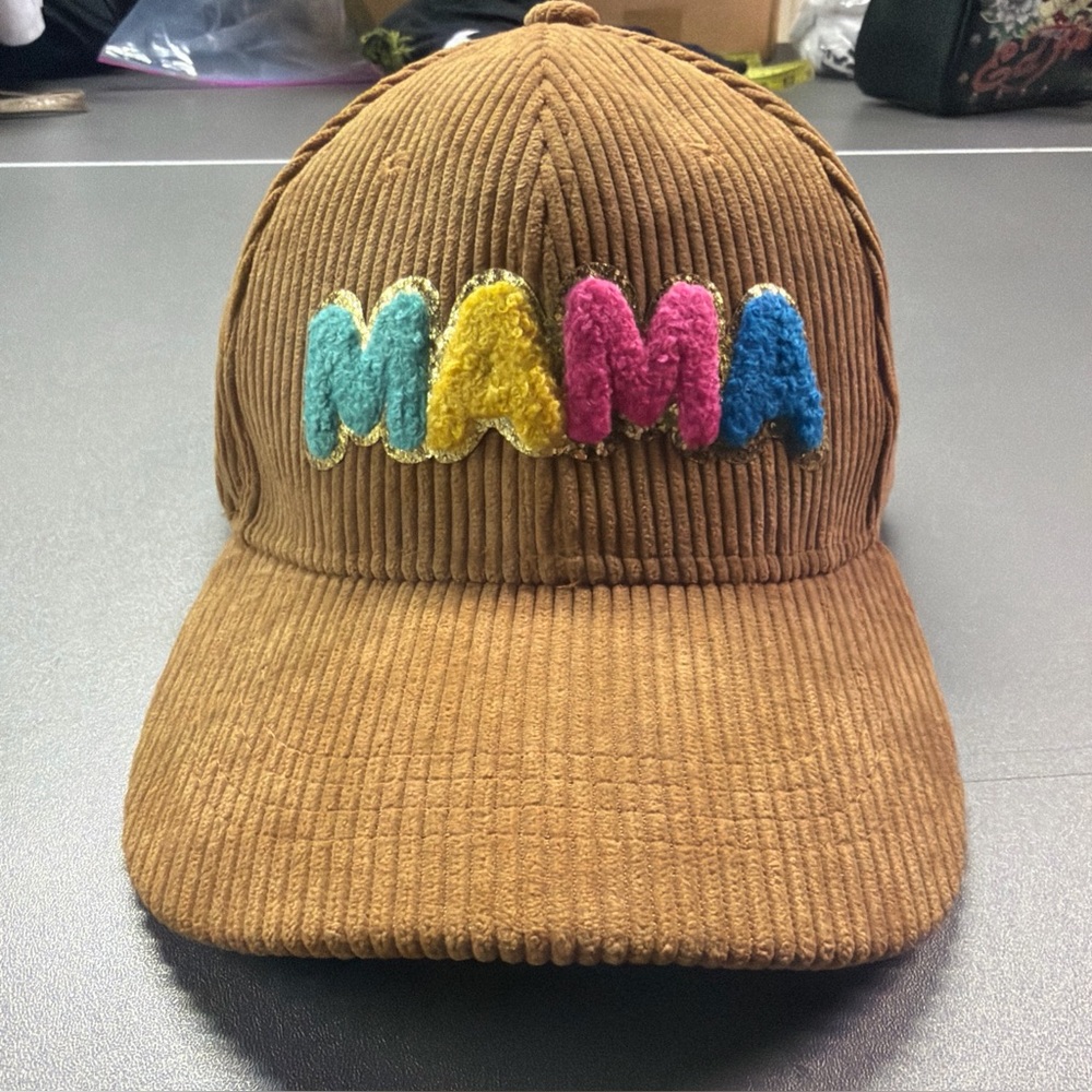 Women’s Mama Corduroy Baseball Cap Tan Brown Chenille Patch‎ Adjustable Hat